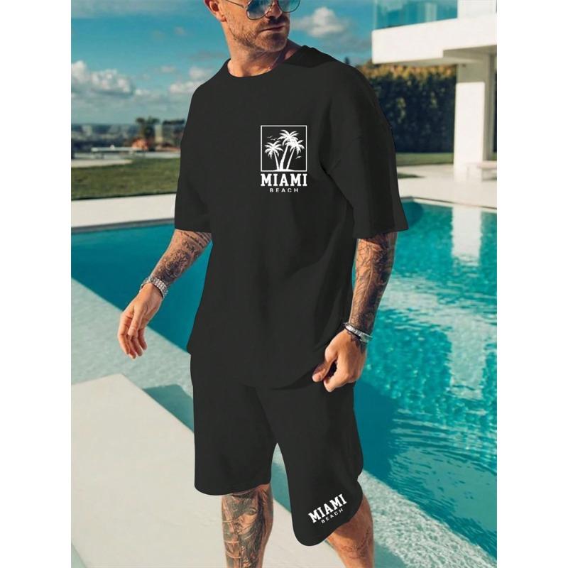 Men's Suit Hawaiian Gradient Coconut Print Suit Summer Beach T-Shirt and Pants 2 Piece Fashion Sports Plus Size Men's Suit