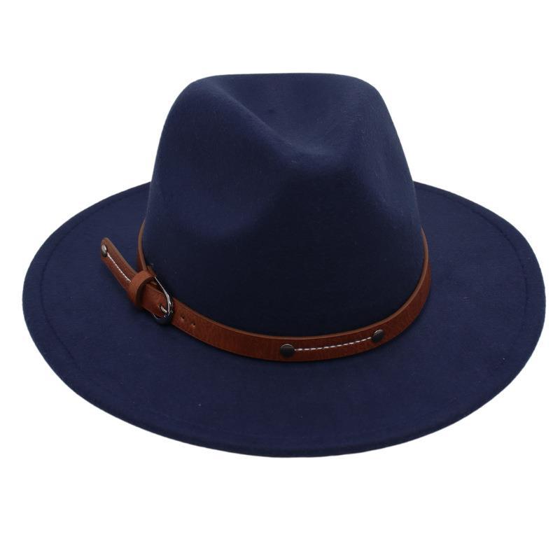 Big Edge Top Hat Belt Buckle Jazz Hat Men'S And Women'S Felt Hat Street Shooting Gambler Hat Concave Fedora Hat Tide