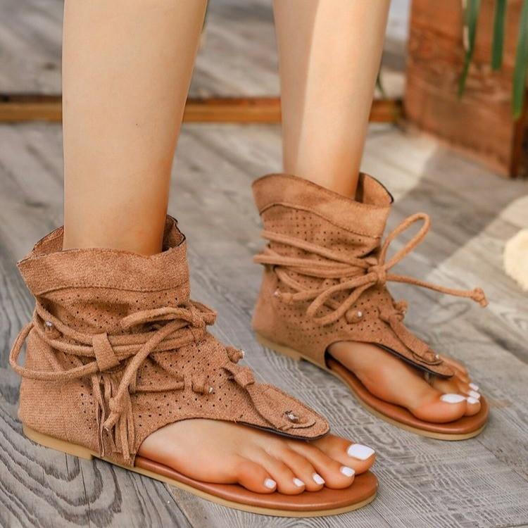 Women's Sandals European American Retro Flat Bottom Tassel Hollow Toe Womens Sandals Fashion High-top Cool Boots Sandalias Mujer