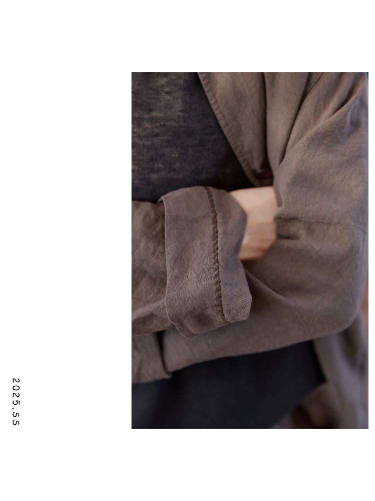 Spring Summer Retro Women's Tea Brown Linen Plus Size Slimming Loose Lapel Shirt Outerwear