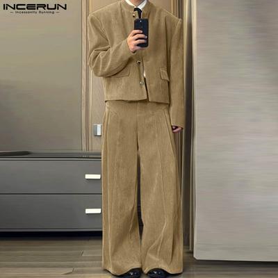Two Pieces Outfits Spring Men Collarless Long Sleeve Shirt Long Straight Pants Sets
