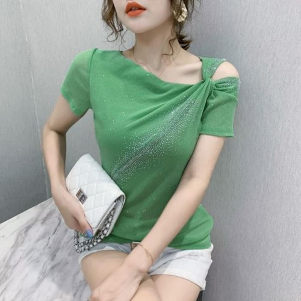 Irregular T-shirt Short-sleeved Sequined Splicing Diamond Top Casual Versatile Pullover