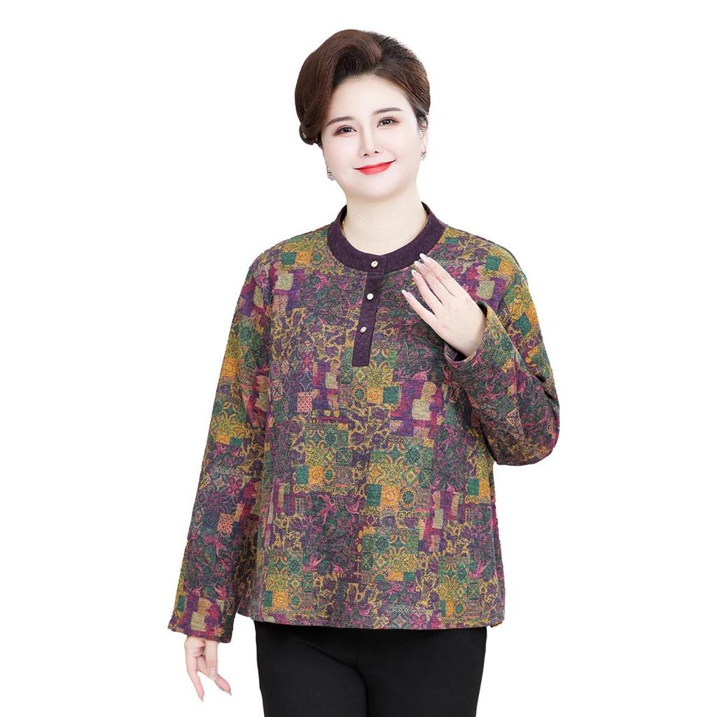 Mom's Plus Size Velvet Thickened Long-Sleeve T-shirt for Middle-Aged & Elderly Women, Warm Round Neck Top