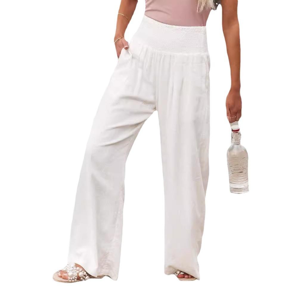 High Waisted Wide Leg Pants with Elastic Waistband, Light Beige Loose Fit Trousers for Women