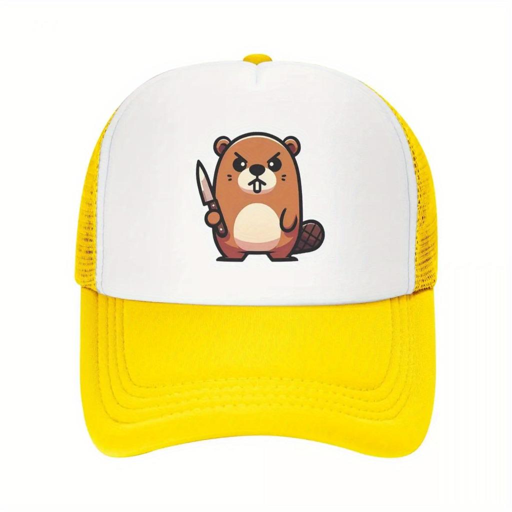 Angry Beaver With Knife Graphic Trucker Cap Polyester Mesh Baseball Hat Adjustable Casual Unisex Headwear