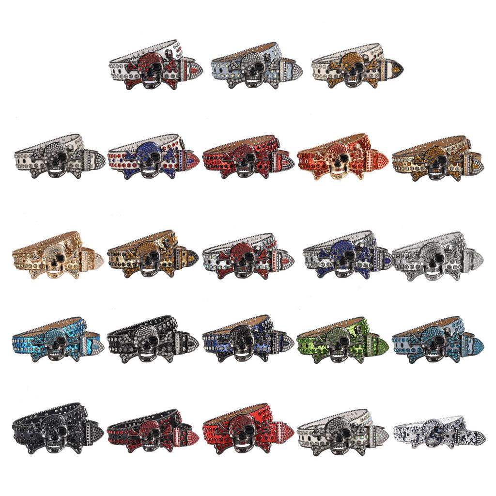 Adult Sequins Belt for Disco Party Waist Belt Rhinestones Skull Buckle Thin Waist Belt Street Cultures Enthusiasts Belt