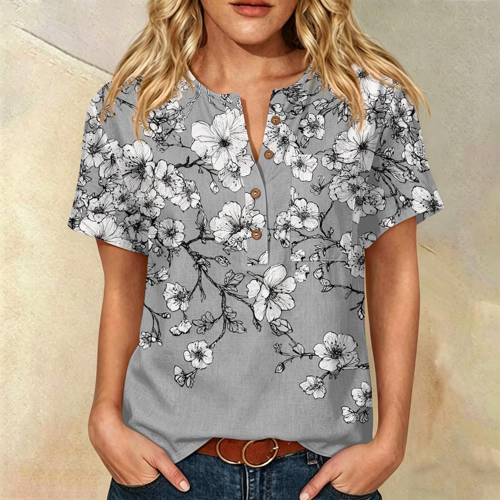 Women’s Printed Short Sleeve Henley Neck Shirt with Front Pocket Cotton Linen Material Relaxed Fit Casual Top