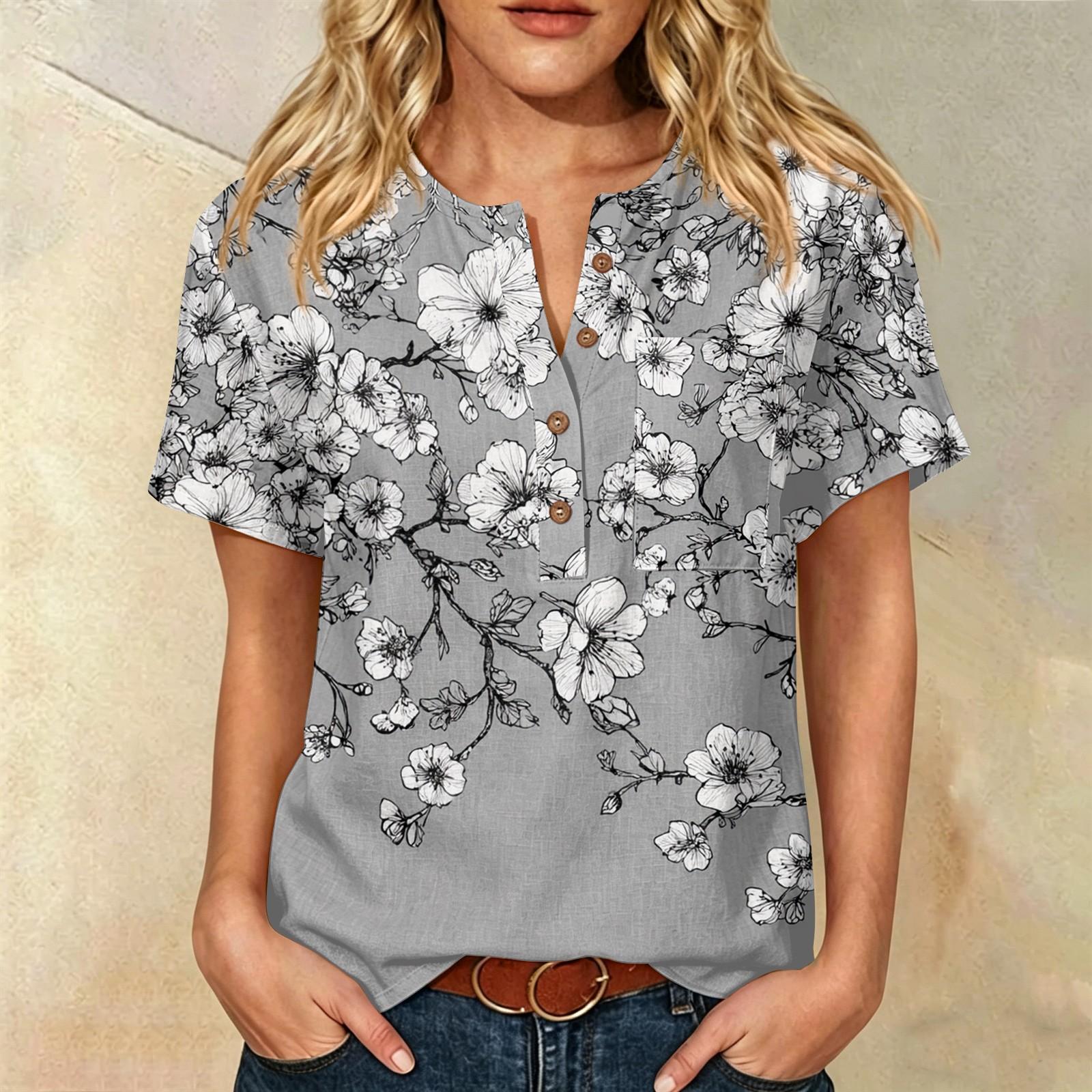 

Women’s Short Sleeve Cotton Linen Shirt with Artistic Print Henley Button Neckline and Front Pocket Relaxed Fit Top XL