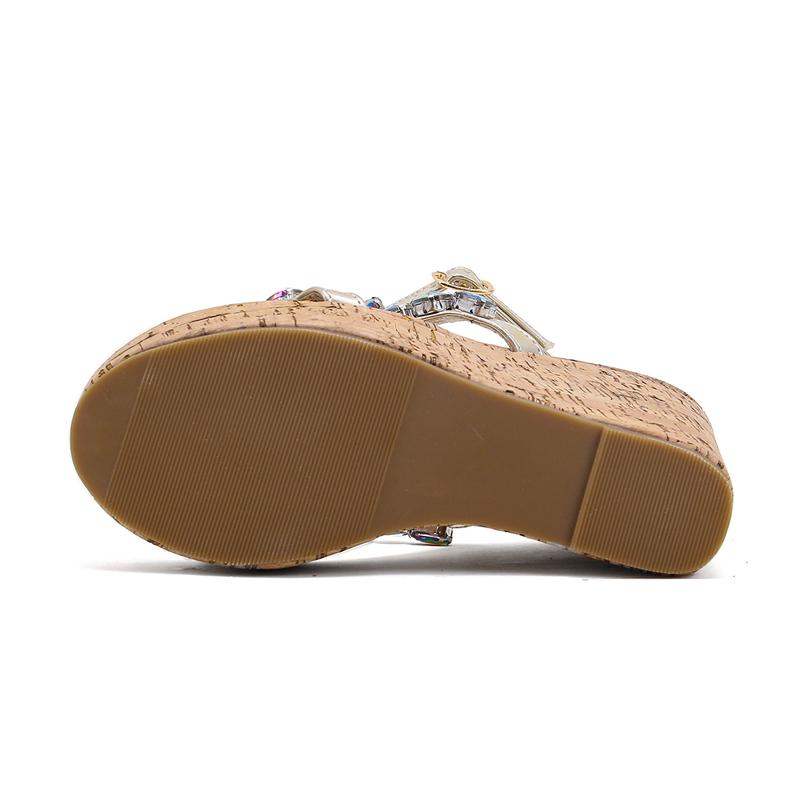 Moda venatura del legno zeppa sandali donna tacchi alti cinturino con fibbia in CRISTALLO scarpe casual estive da donna