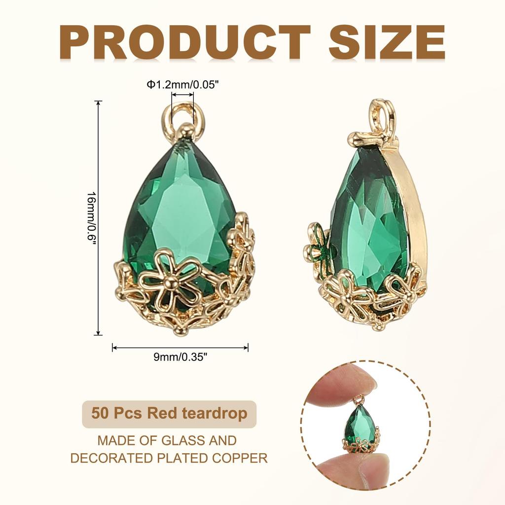 YOKIVE 50 Pieces Cut Teardrop Glass Crystal Pendants for Pendant DIY Crafts Rhinestones, Gold-Plated Necklaces, Earrings, Bracelets, Jewelry, (Green,