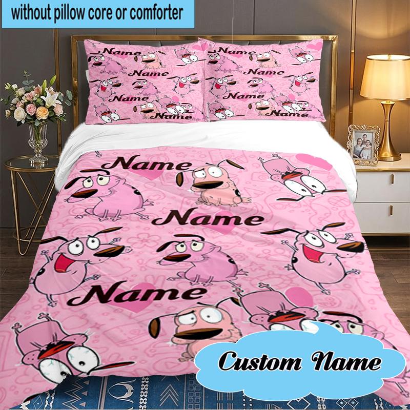 Custom Name 3PCS Pink Cartoon Characters Bedding Set Including 1pc Duvet Cover And 2pcs Pillowcases for Bedroom, Dormitory Gift Home Decor