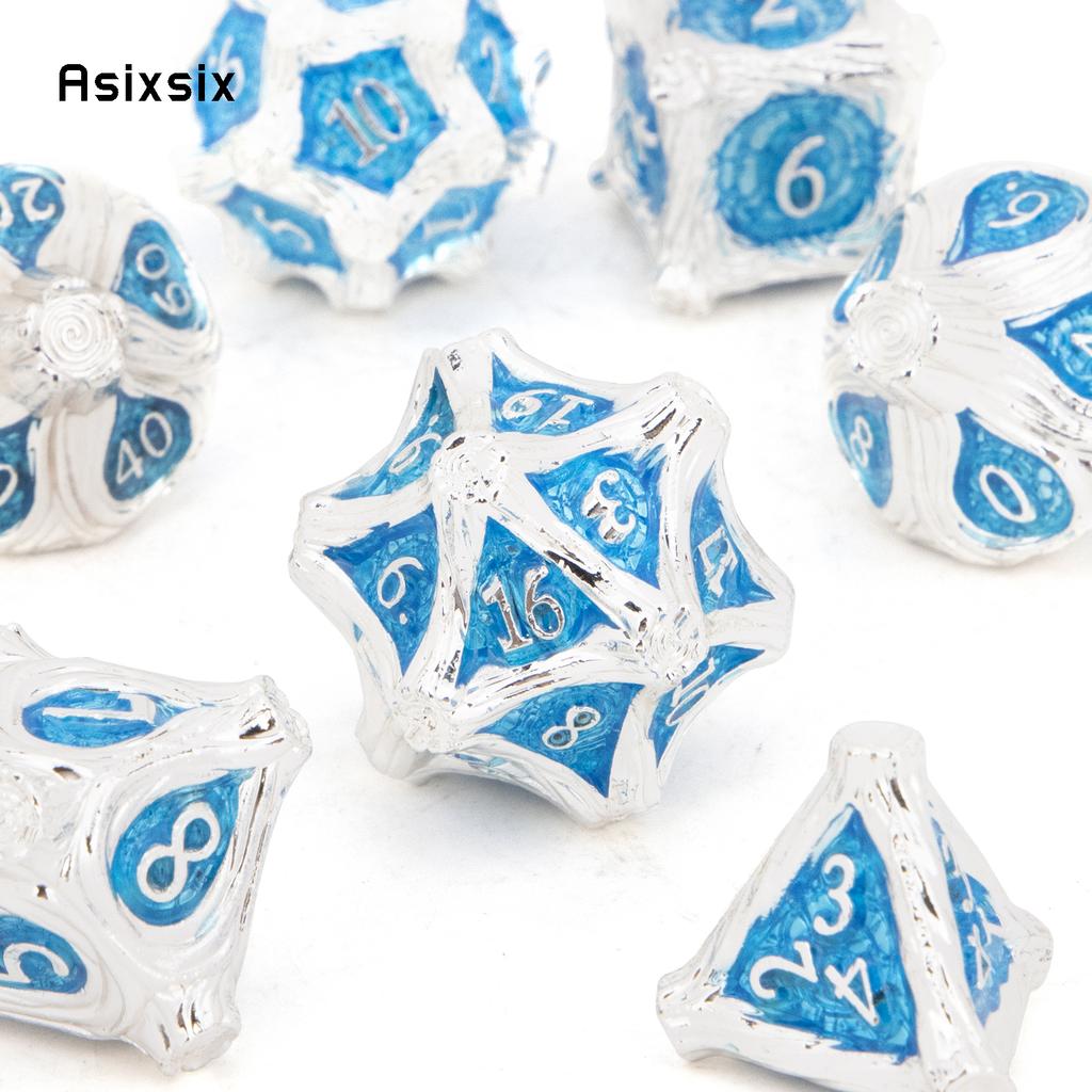 7 Pcs White BlueTree Stump Root Metal Dice Solid Metal Polyhedral Dice Set Suitable for Role-Playing RPG  Board Game Card Game