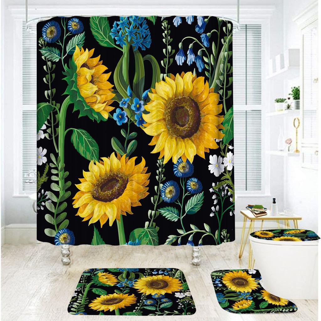 Bathroom Shower Curtain Four-Piece Shower Curtain Waterproof And Mildew-Proof Sunflower Shower Curtain Partition Curtain Free Of Punching