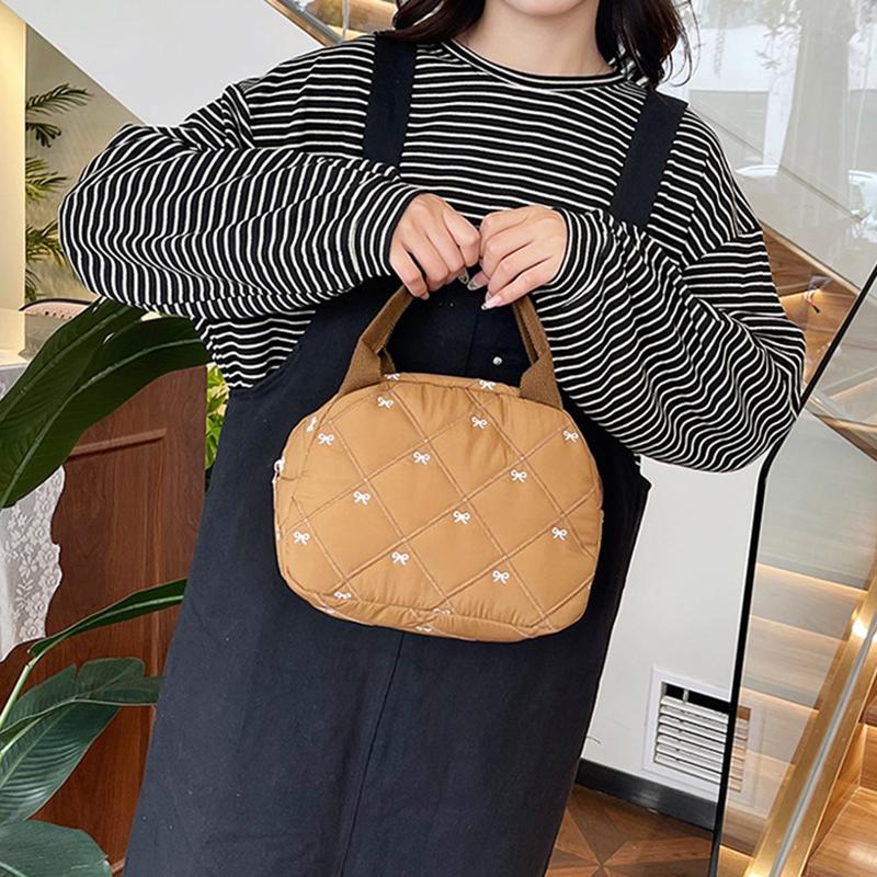 Stitching Embroidery Butterfly Knot Handbag Simple Style Soft Cotton Commuter Lunch Box Bag Student Handheld Bag Pouch