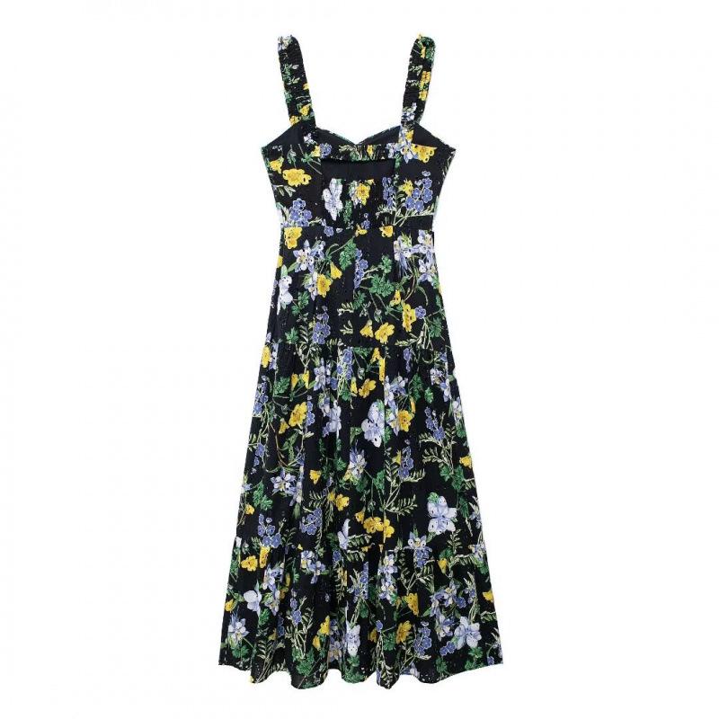 Summer Floral Print Midi Dress with Spaghetti Straps - European and American Women's Fashion