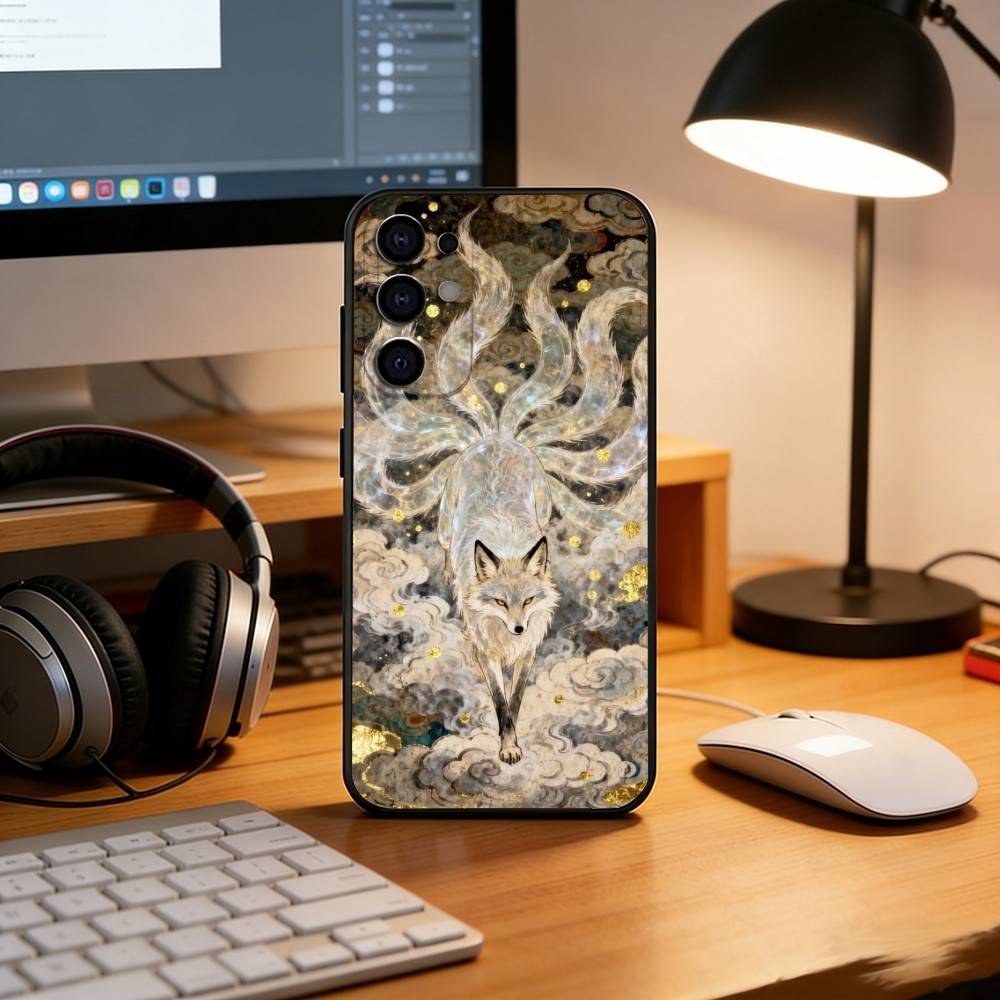 Nine-Tailed Fox Pattern Phone Case Black Silicone Soft For Samsung S25,S24,S21,S22,S23,S30,Ultra,S20,Plus,Fe,Lite