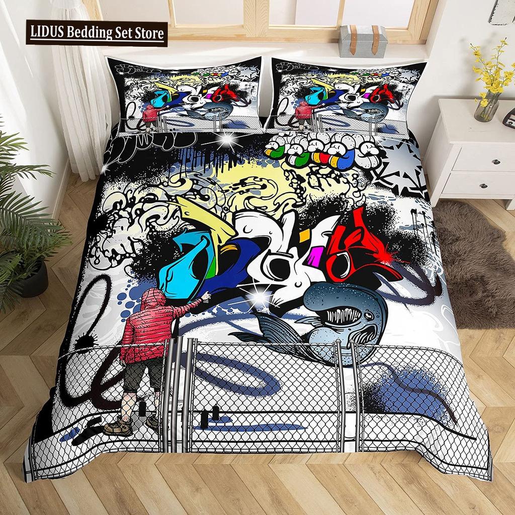 Zestaw poszwy na kołdrę Graffiti dla nastolatków chłopców Hip Hop Art Zestaw poszwy na kołdrę Muzyka rockowa Sportowy zestaw pościeli Zestaw poszwy na kołdrę Rozmiar Queen
