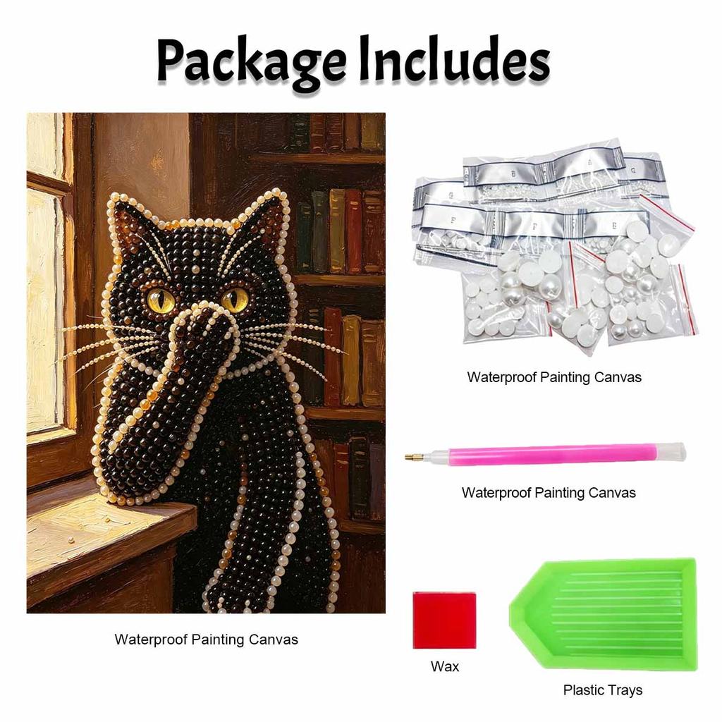 Sparkling Pearl Painting On Stretched Frame Cute Black Cat In Library DIY Bead Art Canvas Relaxing Hobby Gift for Craft Lovers