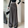 Graue High Waist Wide Leg Hose Damen Herbst Split Design Schmale Gebundene Taille Bodenlang