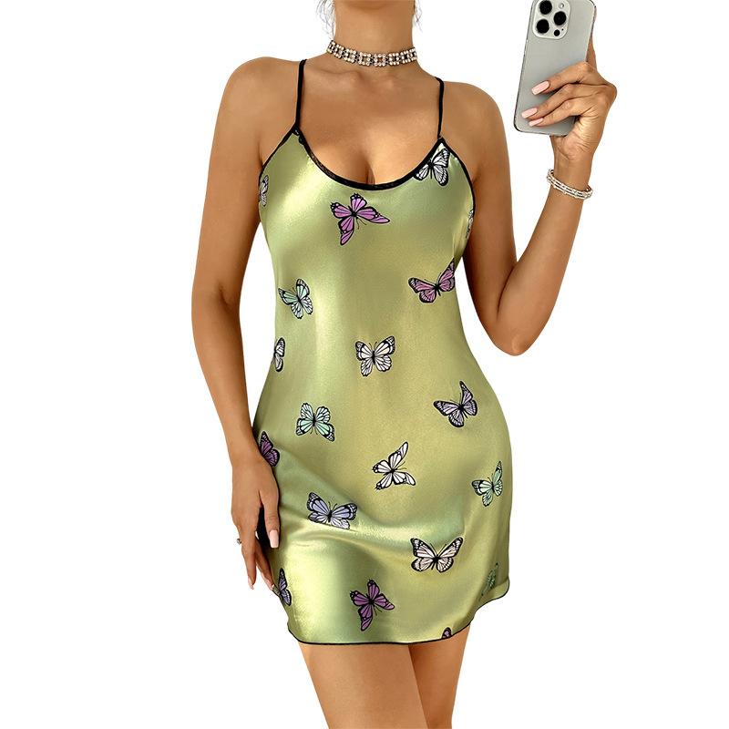 Halter Nightgown Simulation Silk Fashion Casual Butterfly Halter Skirt Women's Pajamas Backless Nightwear