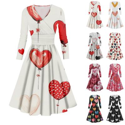 Ladies Fashion Casual Valentine's Day Print Long Sleeve V-neck Sexy Dress