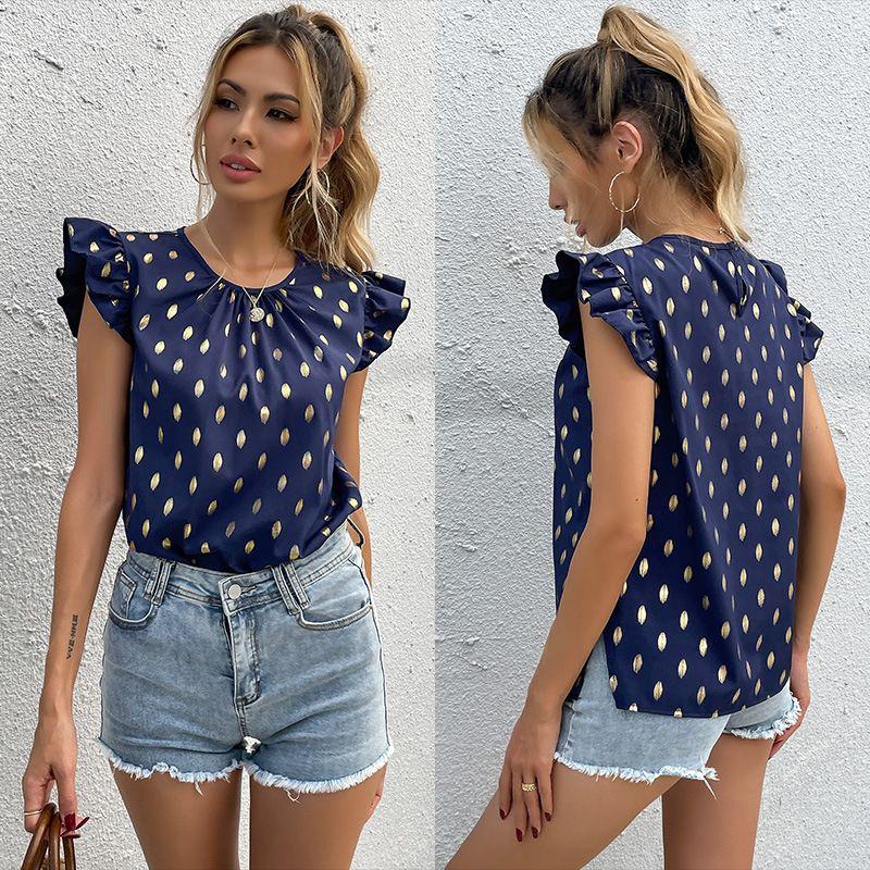 

Ruffled Crew Neck Polka-Dot Blue Shirt Ruffles round Neck Polka Dot Blue Shirt Tibetan Blue S