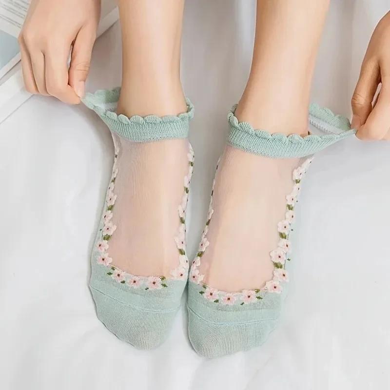 5 Paar Atmungsaktive Kurze Socken Japanisch Niedlich Frisch Ins Kurz Floral Glasseide Damensocken Sommer Dünn Kristall Bootssocken