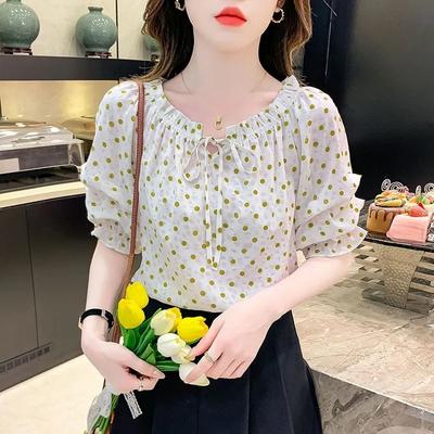 Krawattenhals Puffärmel Polka-Dot Chiffonbluse Lässiges Süßes Kurzarm-Oberteil
