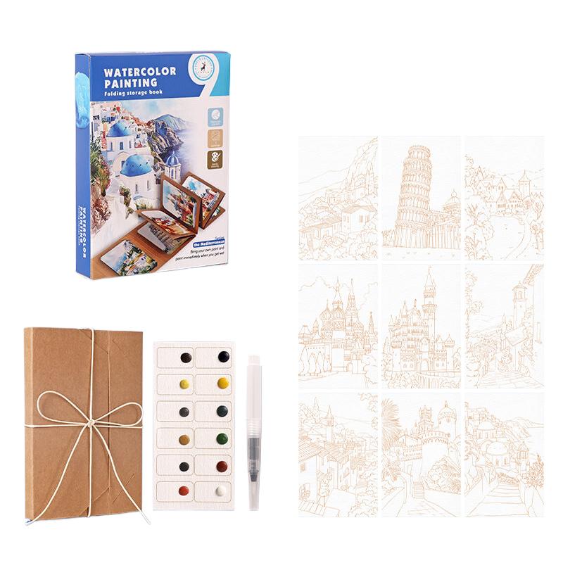 

9 Sheets/set Folding Watercolor Painting Book Set Thick Paper with Pen Art Drawing Kit Holiday Birthday Party Gift синий