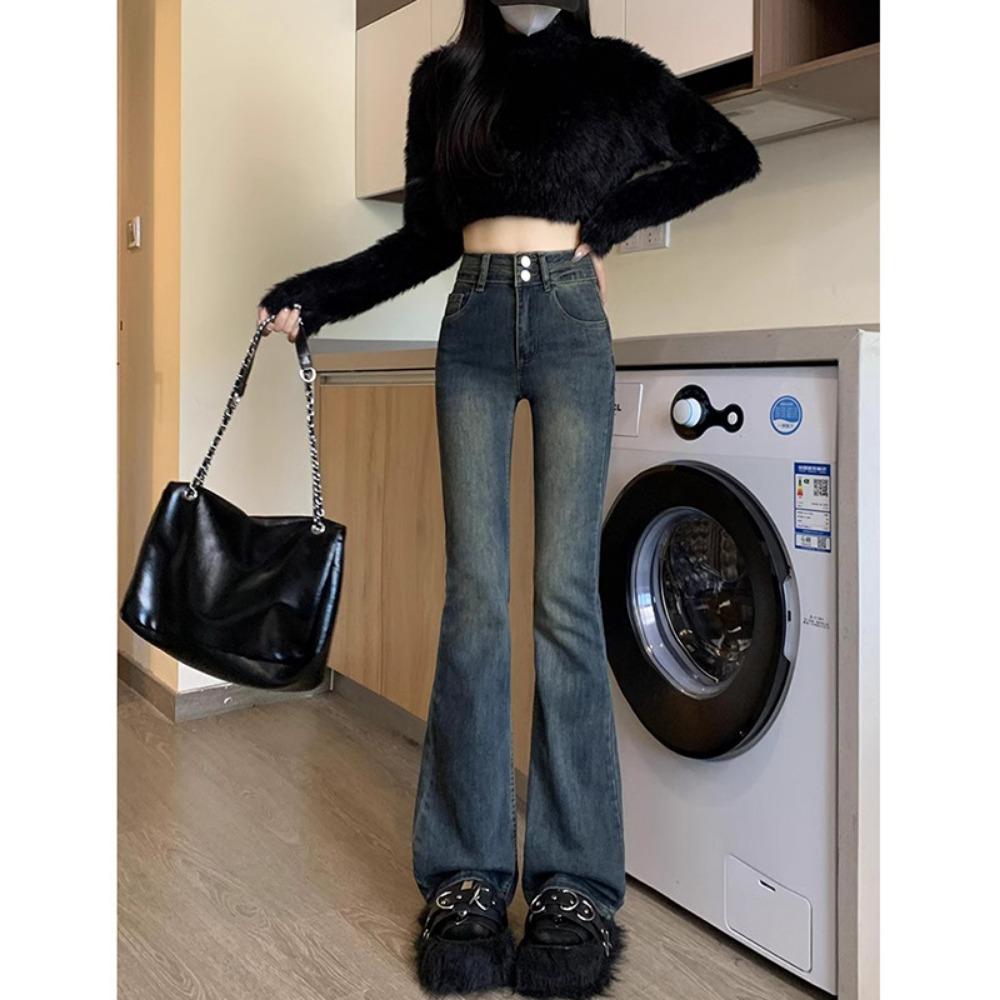 

Универсальные джинсы микро-клеш на двойной пряжке в корейском стиле для женской весенне-осенней коллекции, новые джинсы с высокой посадкой и облегающего кроя XL