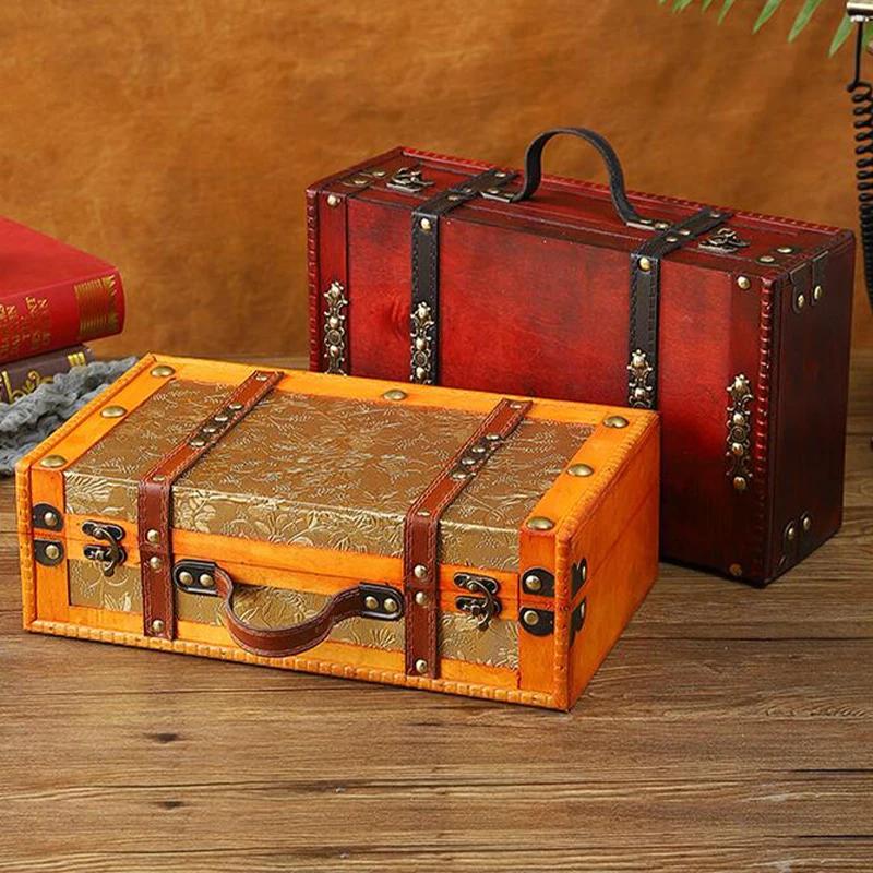 NEW Design Vintage Suitcase Wooden Storage Box W/Handle European Style Treasure Jewelry Chest Storage Case for Home Travel
