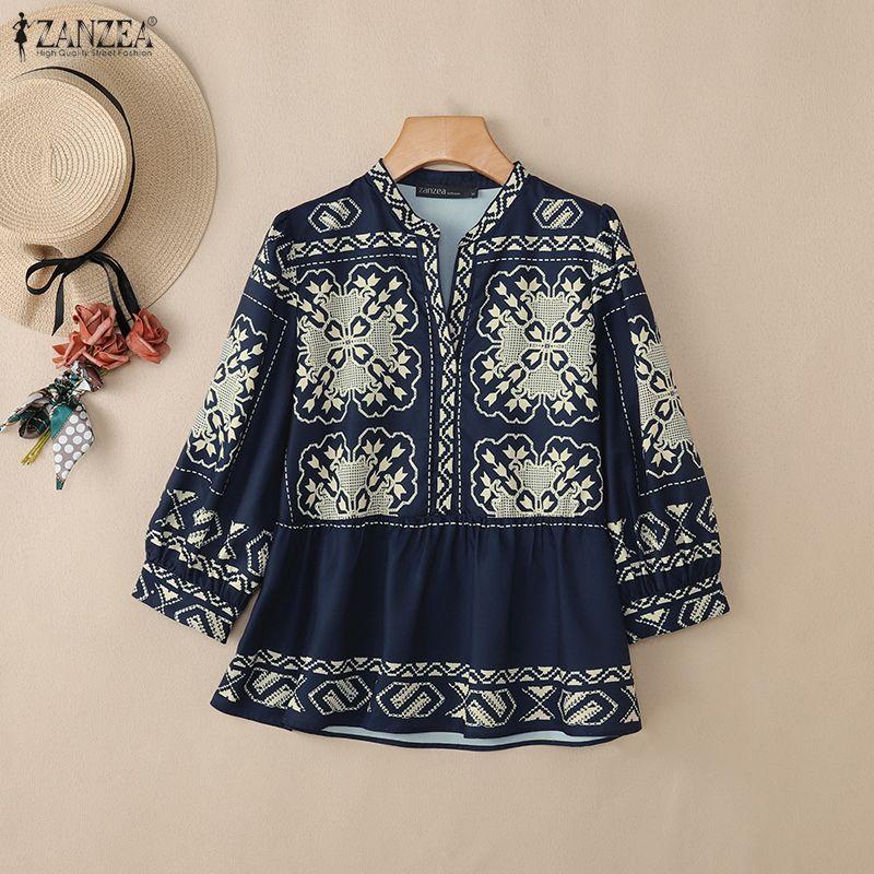 ZANZEA Women Bohemian Print Casual V-Neck 3/4 Sleeve Loose Blouse