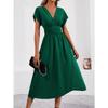 New Women's Elegant Solid Color Batwing Sleeve Maxi Dress, Overlap V-Neck Waist Pleated Long Dress for Summer Casual & Formal Occasions