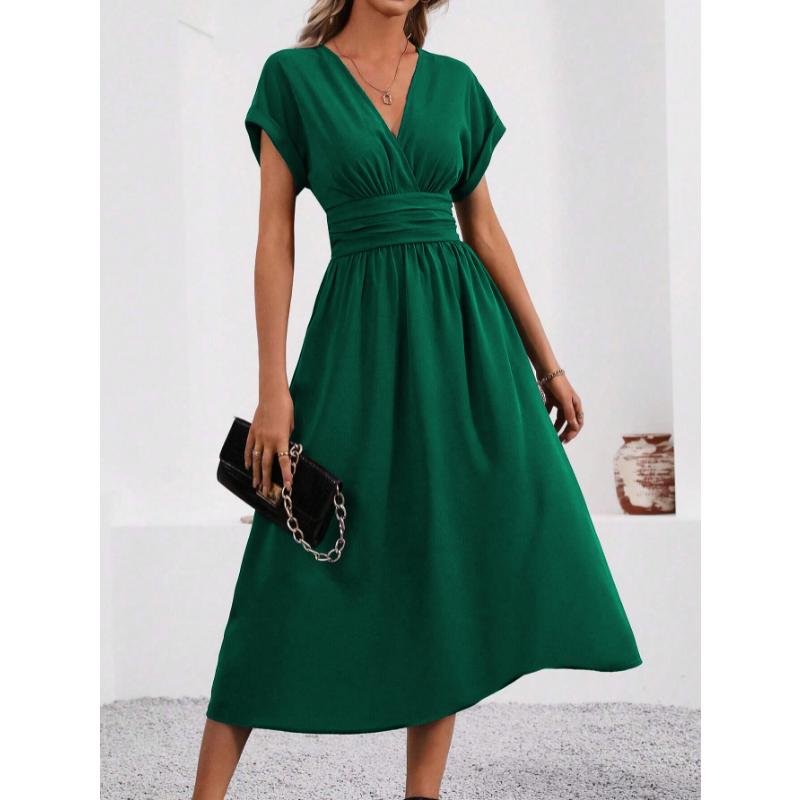 New Women's Elegant Solid Color Batwing Sleeve Maxi Dress, Overlap V-Neck Waist Pleated Long Dress for Summer Casual & Formal Occasions