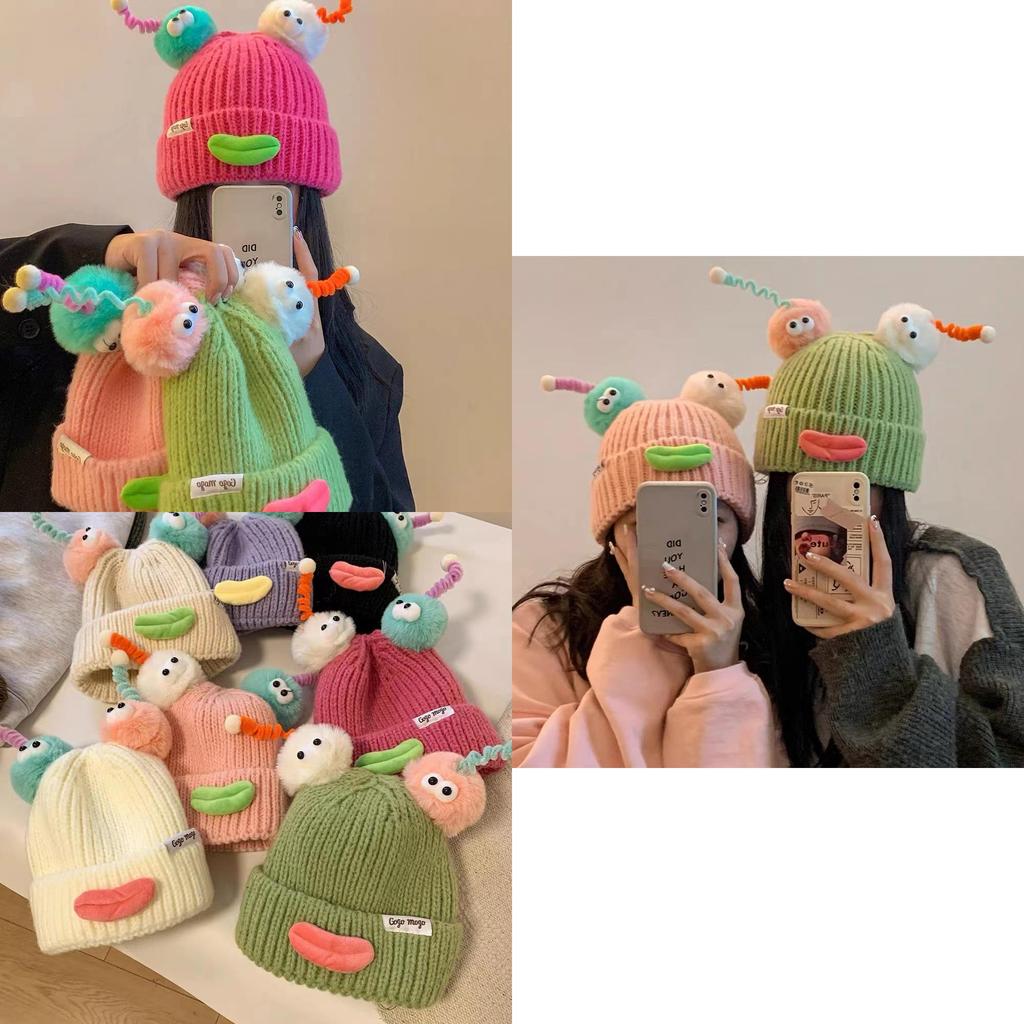 Cute And Funny Cartoon Sausage Mouth Knitted Hat Women Autumn Winter Warm Big Headband