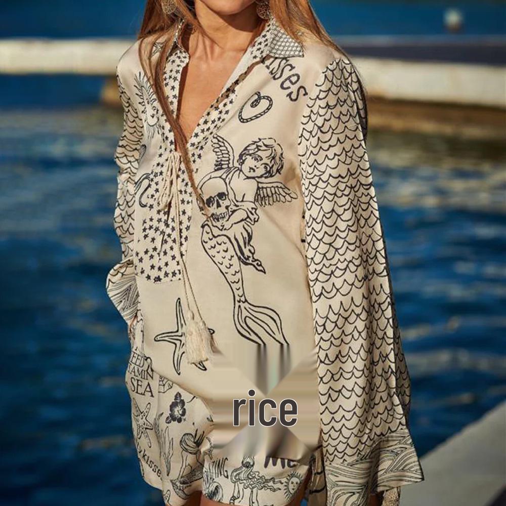 2025 Spring European Women's Casual Two-Piece Set: Loose Printed Shirt & Shorts