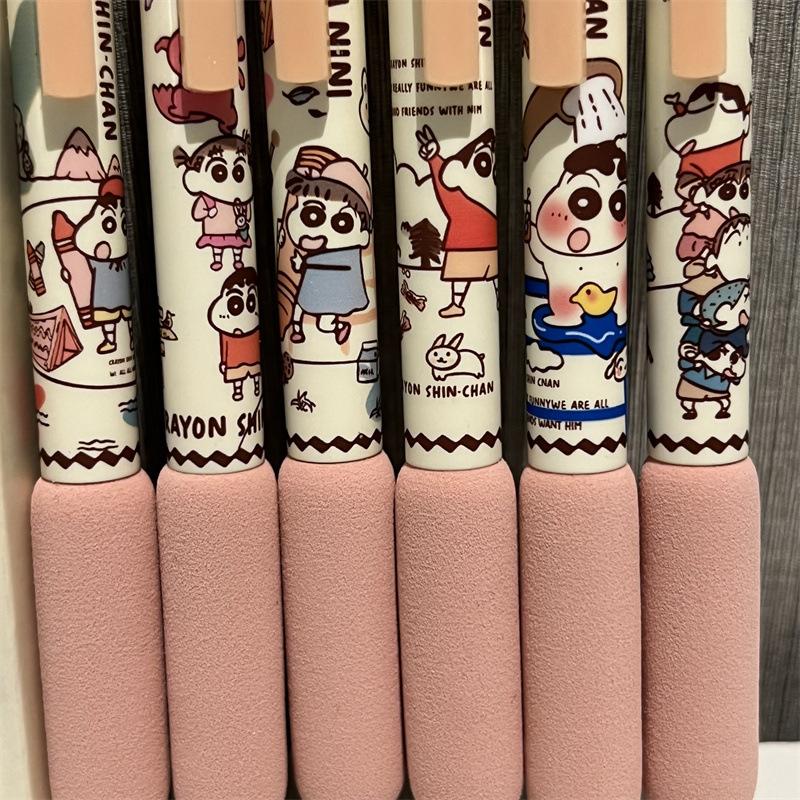 6Pcs Kawaii Crayon Shin-Chan Gel Pen Quick-Drying Black Ink Writing Smooth Soft Grip Pen Cute Student Stationery Office Supplies