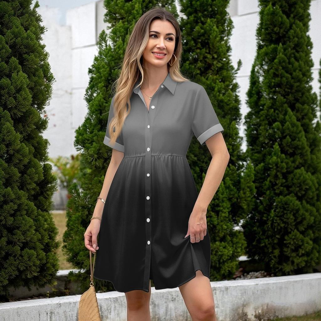 Women’s Casual Loose Fit Shirt Dress Button Down Stand Collar Short Sleeve Gradient Print Fashion Tunic Dress