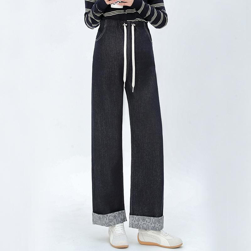 2026 Quality Maternity Jeans: Drawstring Loose Straight-Leg Stretch Denim Pants Large