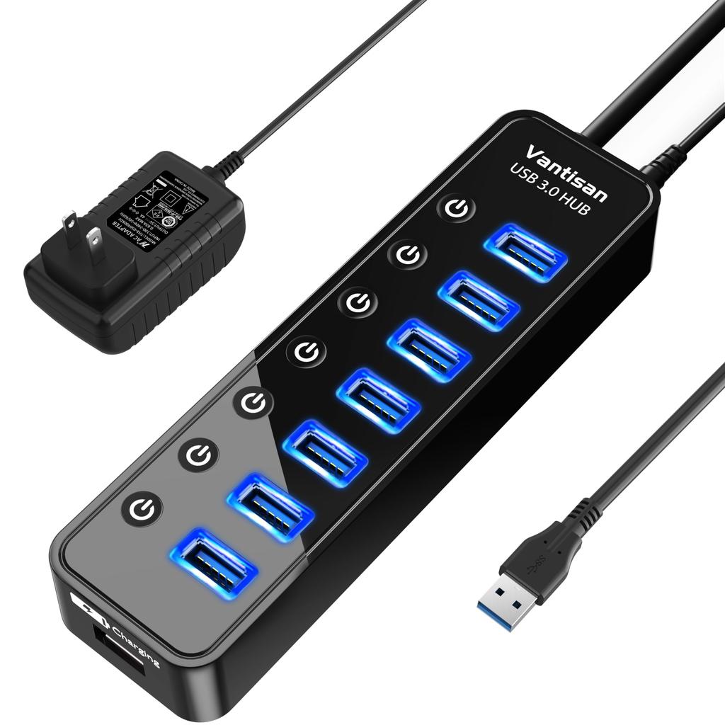 Vantisan USB Hub with Power Supply USB Hub High Speed USB HUB 7 Port Expansion 1 Charging Port USB Expansion with Independent Switch AC Adapter