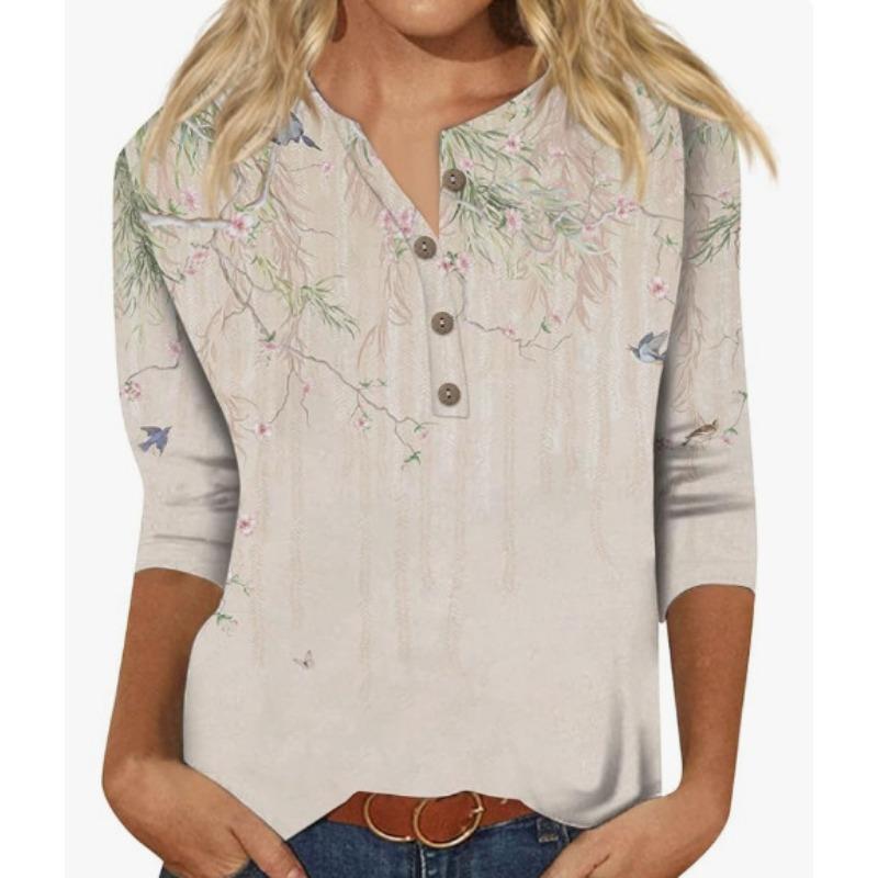 Button V-neck 3D Printed Top Fashionable Casual Long Sleeved Women's T-shirts