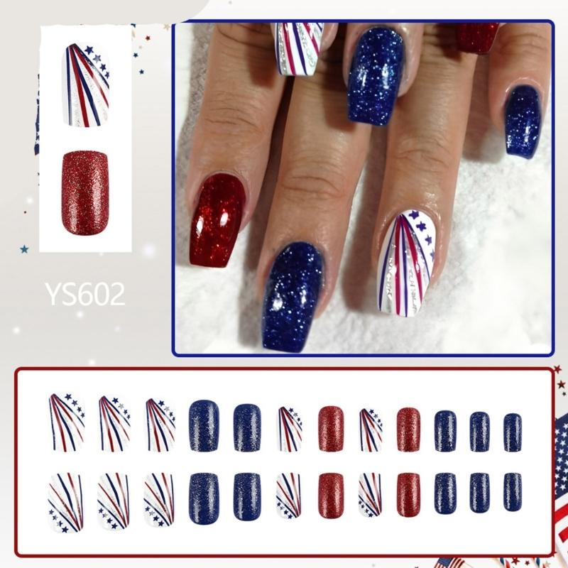 Set di Unghie Finte Glitterate per la Festa dell'Indipendenza 24 pz Mandorla Press on Nail Manicure Decorazioni per Unghie Unghie Artificiali Stick on Nail
