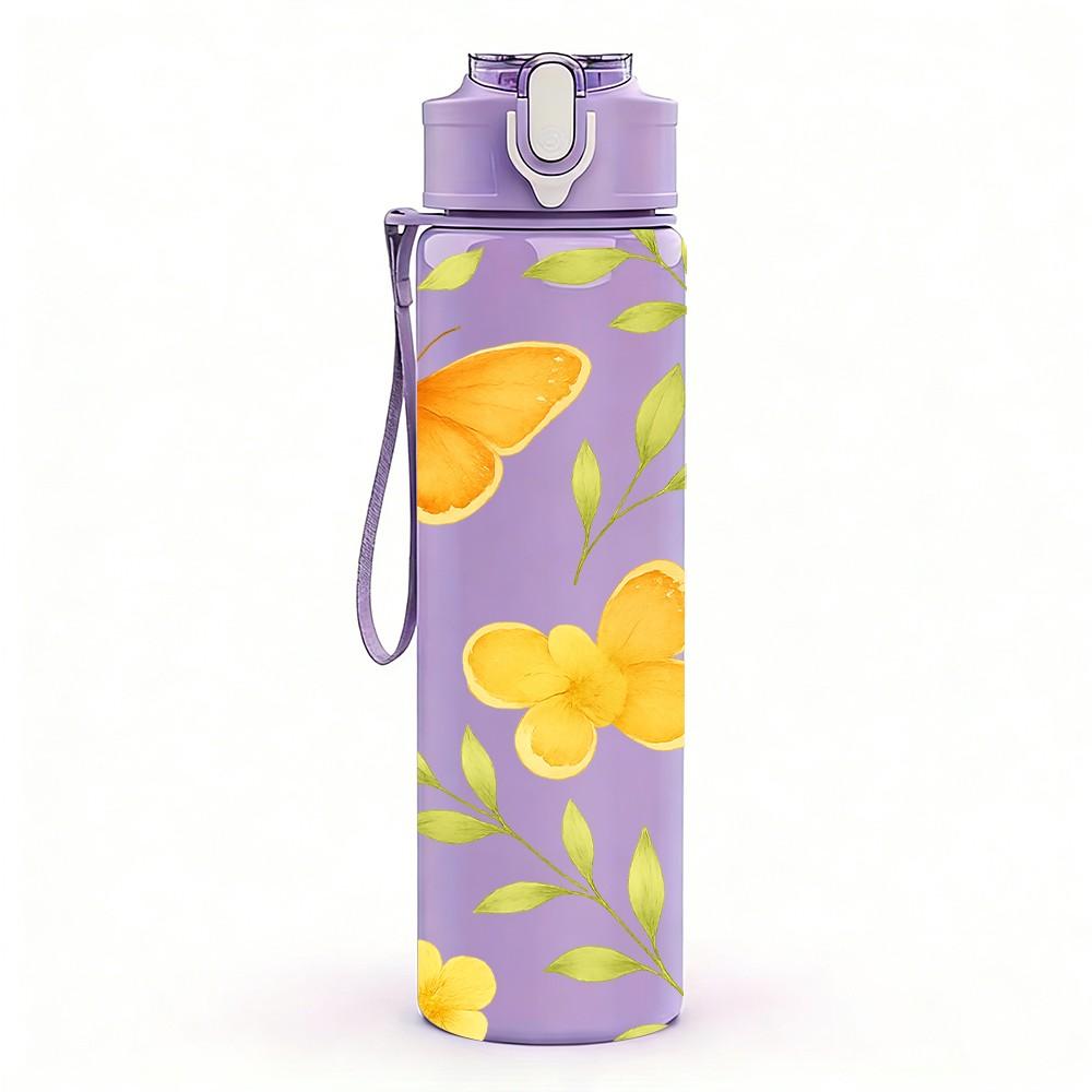 1PC Yellow Butterfly Floral Background Print 750ml Color Plastic Sports Water Bottle Leakproof Flip Straw Lid Suitable for Sports Office Home Use