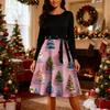 Women's Fashion Round Casual Slim Fit Christmas Print Large Swing Long Sleeve Dress