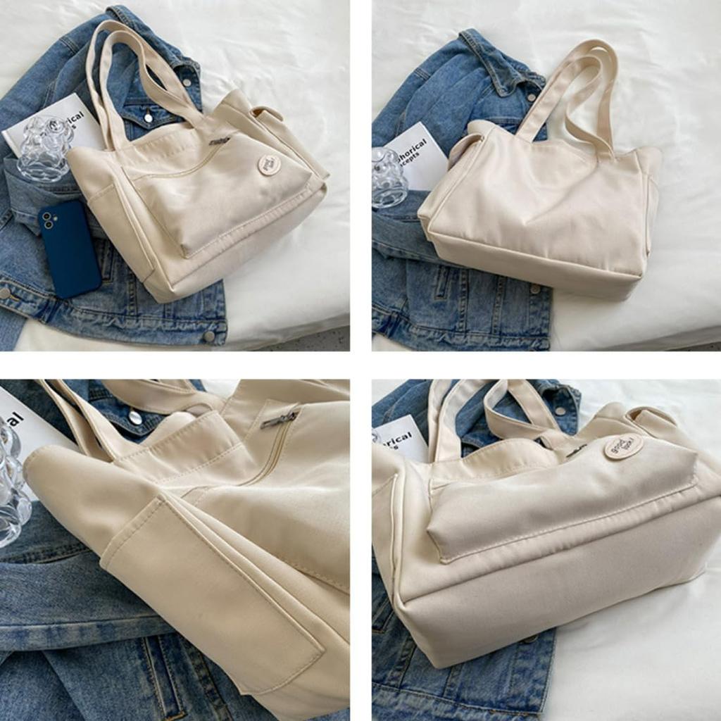 PackPixel Tote Bag, Large Capacity Canvas Shoulder Bag, Korean Style, Perfect for Overnight Trips, Casual Bag, A4 Size, SchoolCommuter Bag (Beige)