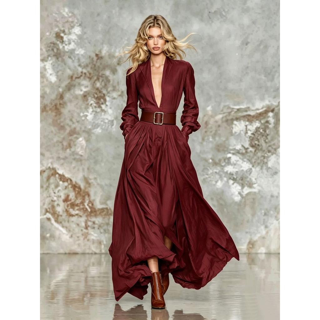 Abito Lungo Estivo Elegante Bohemien da Donna con Scollo a Revers, Maniche Lunghe, Vita Media, Monocolore, Linea ad A