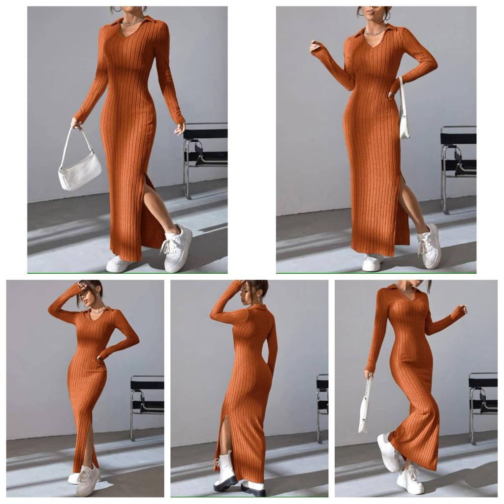 Jaro Podzim Pletený Pulovr V-výstřih Klubové Oblečení Silueta Klopa Dlouhý Rukáv Šaty Žebrované Jednobarevné Přiléhavé