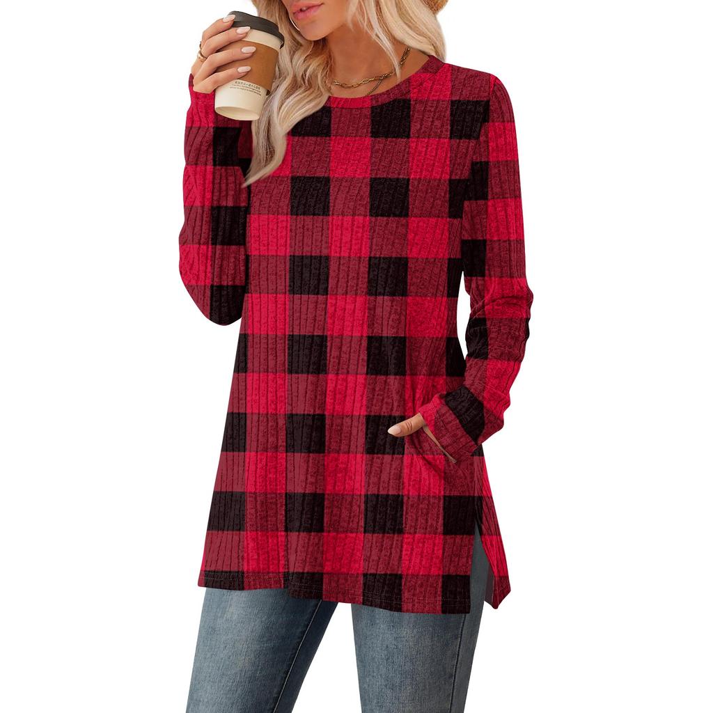 Women's Checkered Printed Round-neck Long-sleeved Top With Pockets And Side Slits