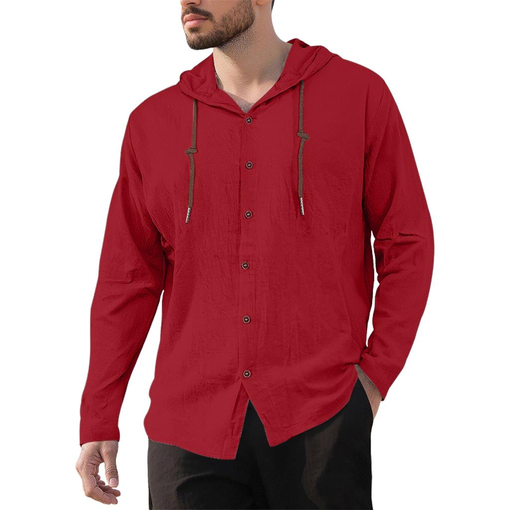 Men's Casual Cotton-Linen Blend Hooded Button-Down Shirt