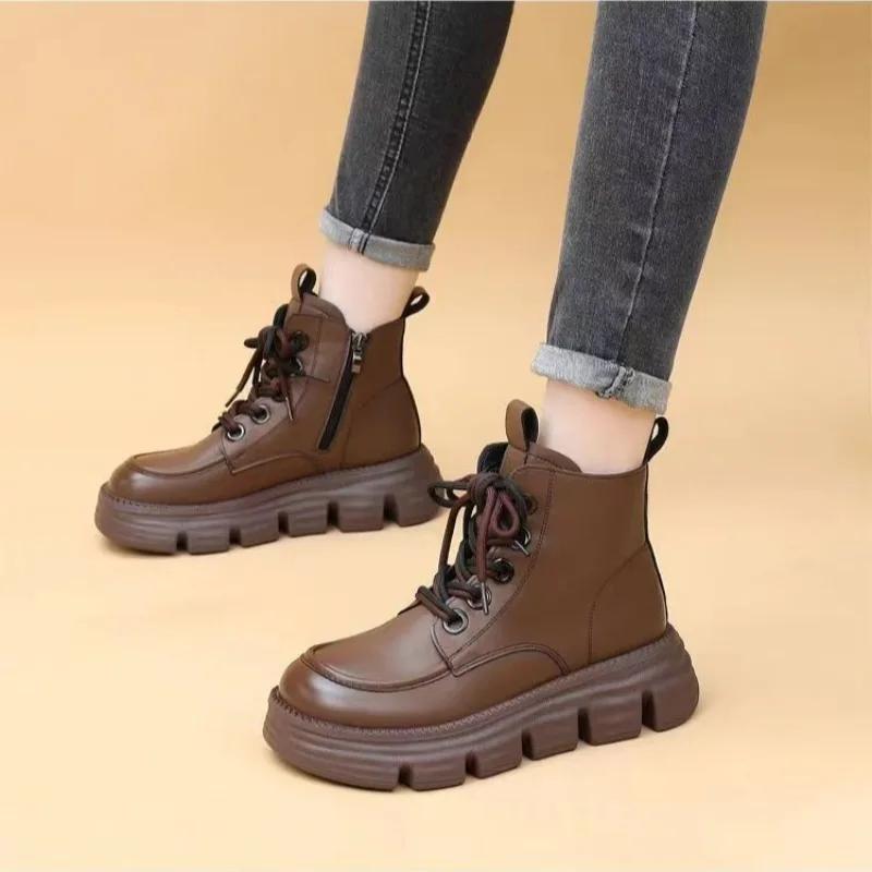 Fashion Punk Style Combat Chunky Booties with Laces Women's Ankle Boots Round Toe Leather Female Short Shoes Platform Lace-up On Offer